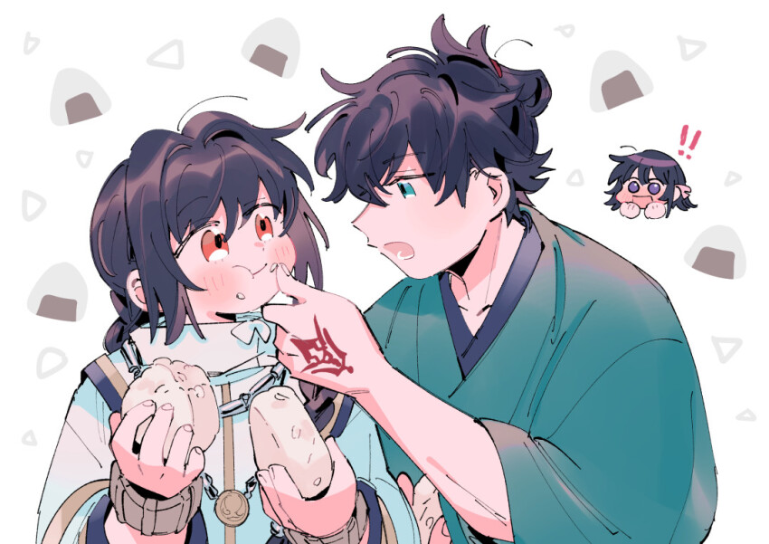! !! 1boy 1girl 1other ahoge androgynous black_hair blue_eyes blue_kimono bracelet braid braided_ponytail command_spell fate/samurai_remnant fate_(series) food food_on_face hair_intakes hand_on_another&#039;s_face holding holding_food japanese_clothes jewelry kimono miyamoto_iori_(fate) necklace ogasawara_kaya oneroom-disco onigiri orange_eyes purple_eyes rice rice_on_face sidelocks simple_background single_braid topknot white_background yamato_takeru_(fate)