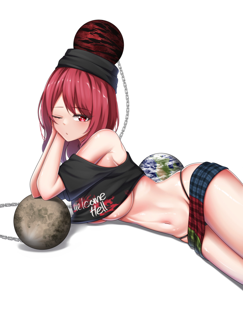 1girl absurdres bare_shoulders black_shirt breasts chain clothes_lift clothes_writing crop_top earth_(ornament) gold_chain hecatia_lapislazuli highleg highleg_panties highres large_breasts leo23 long_hair looking_at_viewer lying microskirt moon_(ornament) multicolored_skirt navel off-shoulder_shirt off_shoulder on_side one_eye_closed panties red_eyes red_hair shirt shirt_lift short_sleeves simple_background skirt solo t-shirt touhou underboob underwear underworld_(ornament) white_background