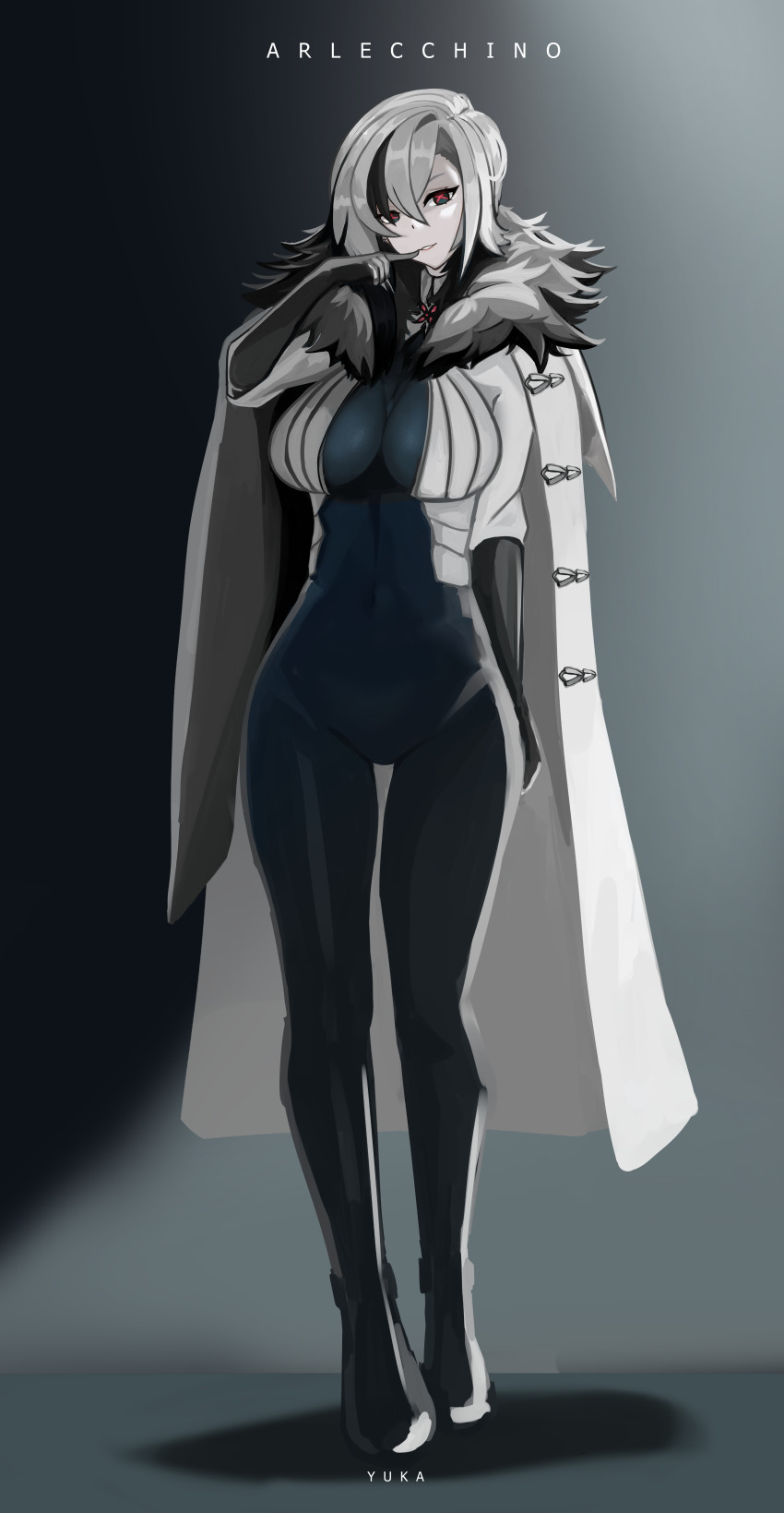 1girl absurdres arlecchino_(genshin_impact) black_hair bodysuit boots breasts coat elbow_gloves eyebrows_hidden_by_hair genshin_impact gloves grey_hair hair_between_eyes highres large_breasts looking_at_viewer multicolored_hair red_eyes solo standing yuka_1503