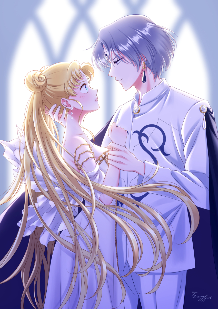 1boy 1girl arm_around_neck bare_shoulders bishoujo_senshi_sailor_moon bishoujo_senshi_sailor_moon_r blonde_hair blue_eyes blurry blurry_background breasts commentary_request cowboy_shot crescent crescent_facial_mark crystal_earrings double_bun dress earrings eye_contact face-to-face facial_mark floating_hair forehead_mark grabbing_another&#039;s_arm hair_bun hand_on_another&#039;s_head hand_up hetero highres holding_another&#039;s_wrist jacket jewelry long_hair looking_at_another medium_breasts off-shoulder_dress off_shoulder pants parted_lips pearl_earrings prince_demande princess_serenity purple_eyes purple_hair short_hair tsukino_usagi tsumagari_yuki twintails very_long_hair white_dress white_jacket white_pants wide-eyed