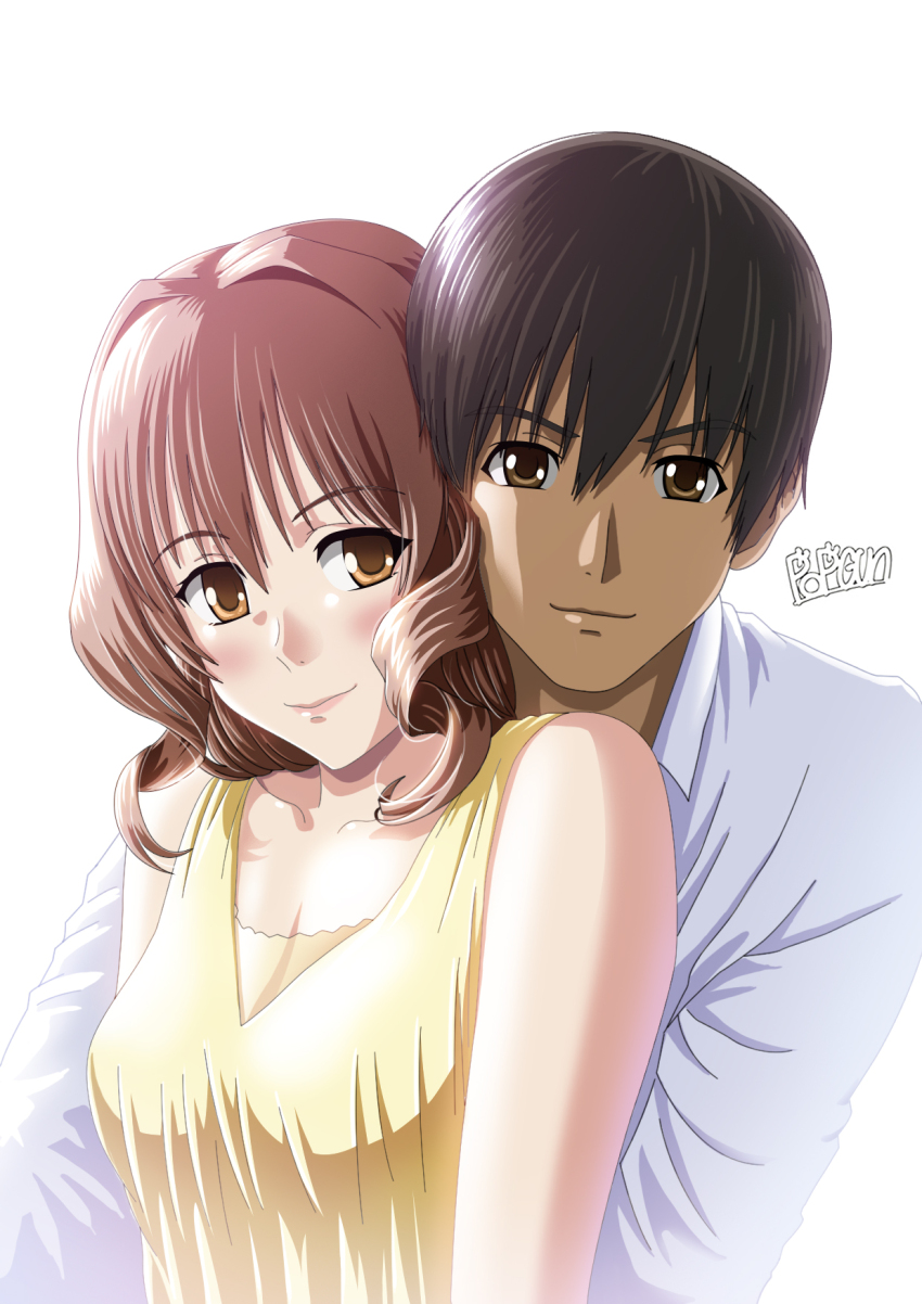 1boy 1girl blush breasts brown_eyes brown_hair cleavage collarbone collared_shirt dress heads_together hetero highres hug hug_from_behind jinguuji_marimo medium_breasts muv-luv muv-luv_alternative muv-luv_alternative_(anime) popgun_(22882502) shirogane_takeru shirt smile upper_body white_background white_shirt yellow_dress