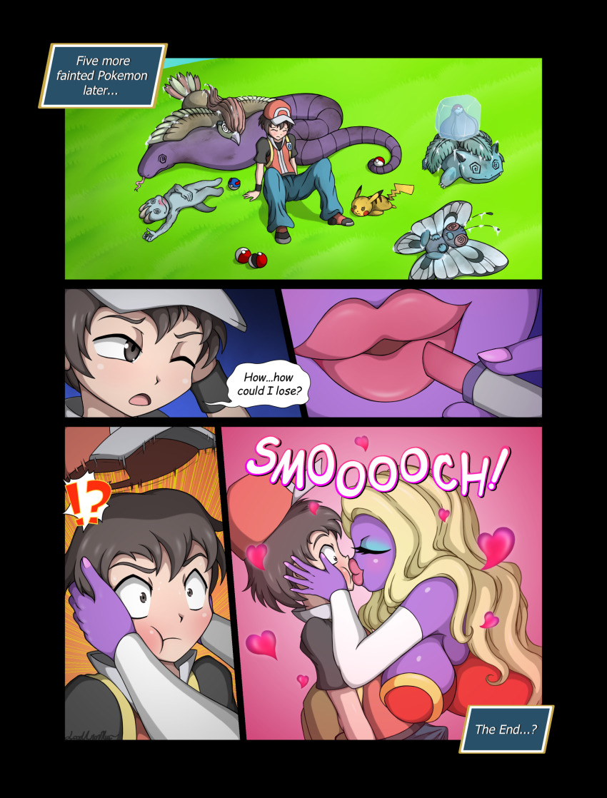 1boy 1girl 6+others arbok breasts butterfree cleavage gen_1_pokemon highres ivysaur jynx large_breasts loodanonmus machop multiple_others nintendo pidgeotto pikachu pokemon pokemon_(creature) pokemon_frlg red_(pokemon) red_(pokemon_frlg) tagme