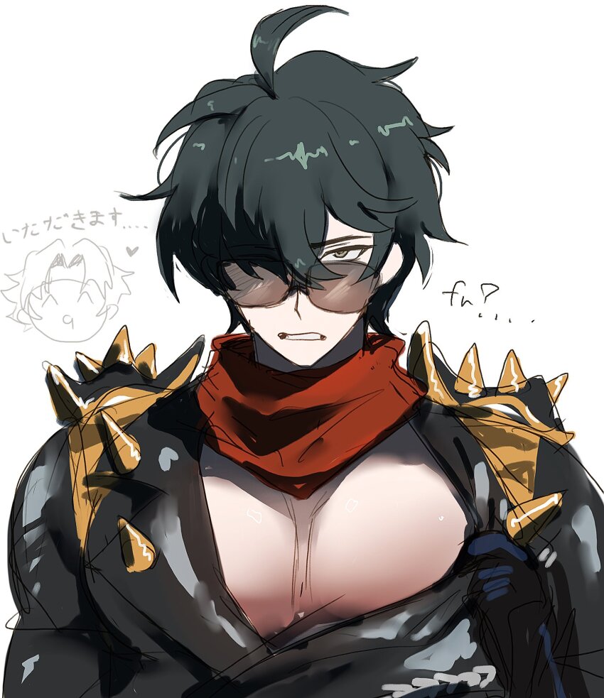 2boys ? asaba_harumasa biker_clothes highres large_pectorals lighter_(zenless_zone_zero) male_focus multiple_boys myotaron pectoral_cleavage pectoral_focus pectorals sketch spiked_pauldrons spikes sunglasses white_background zenless_zone_zero
