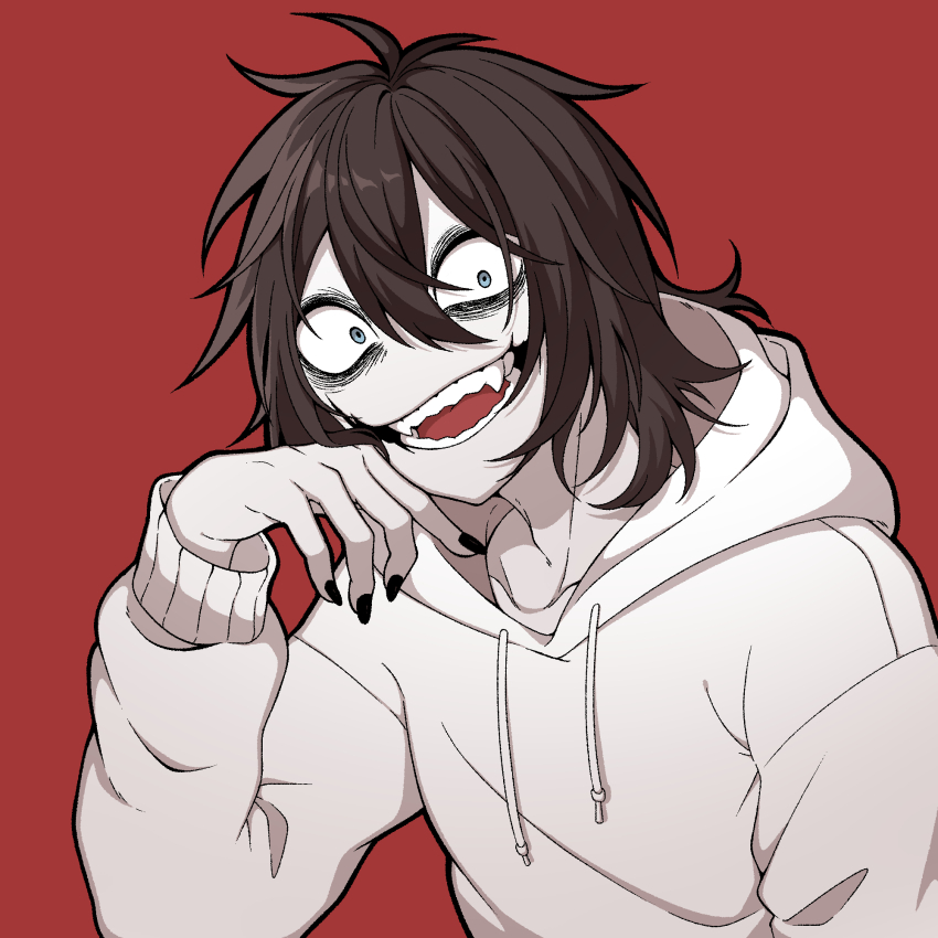1boy :d androgynous animification antenna_hair bags_under_eyes black_hair black_nails blue_eyes collarbone colored_skin commentary_request creepypasta double-parted_bangs drawstring fangs glasgow_smile hair_between_eyes hand_on_own_cheek hand_on_own_face hand_up highres hood hood_down hoodie jeff_the_killer long_sleeves looking_at_viewer male_focus medium_hair nail_polish no_nose open_mouth puffy_long_sleeves puffy_sleeves red_background smile solo teeth tongue upper_body user_kenc3232 white_hoodie white_skin wide-eyed