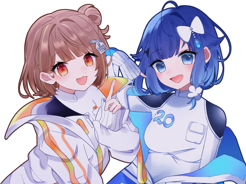 2girls blue_eyes blue_hair blush brown_hair hair_ornament hanase highres jacket looking_at_viewer multicolored_hair multiple_girls open_mouth orange_eyes sendo_yuuhi shirt simple_background streaked_hair tsumugi_kokage virtual_youtuber vspo! vspo!_showdown white_background
