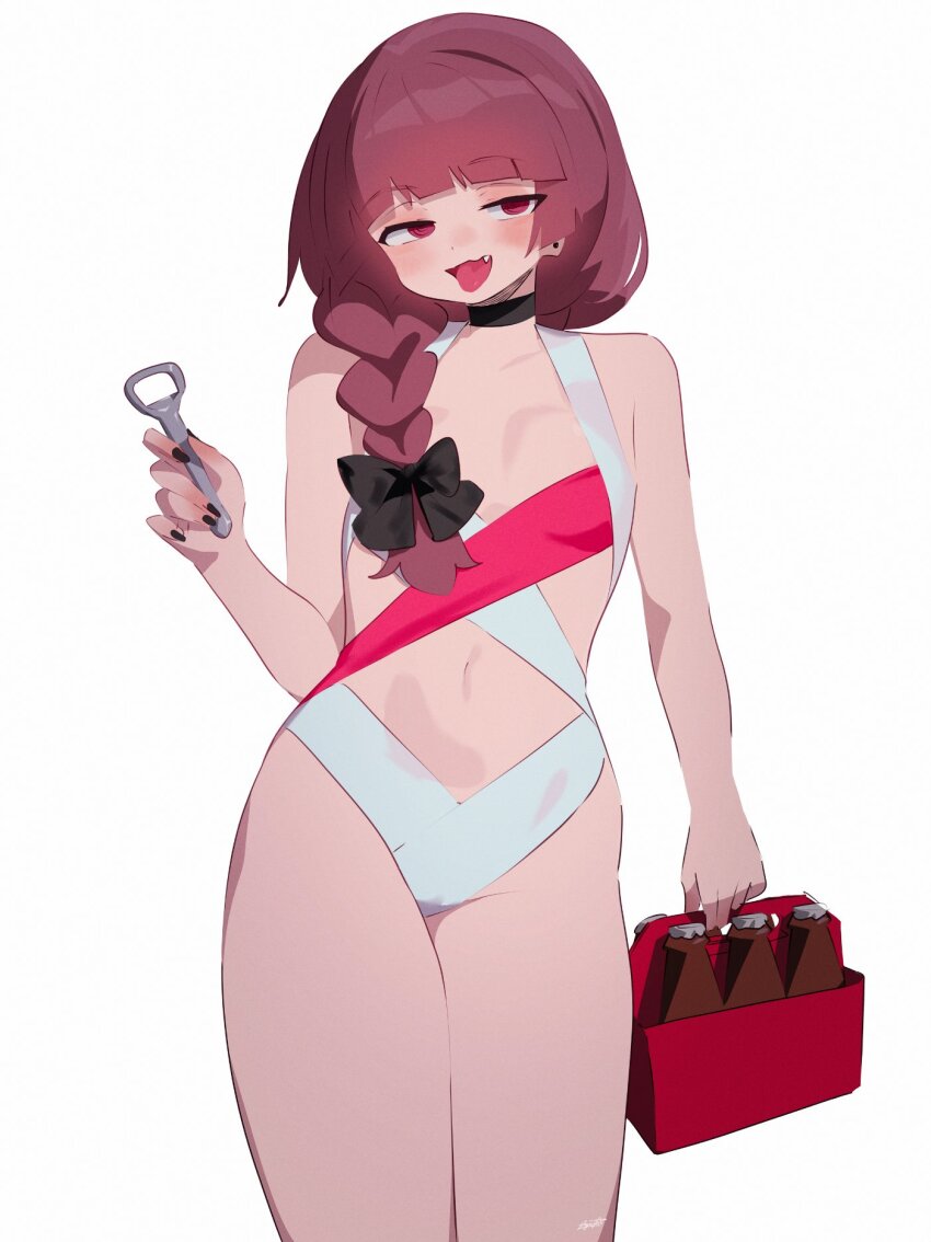 1girl :d bare_shoulders blush bocchi_the_rock! bottle bottle_opener braid breasts earrings fang highres hiroi_kikuri jewelry long_hair nail_polish navel one-piece_swimsuit open_mouth purple_eyes purple_hair red_eyes red_one-piece_swimsuit ryusei_hashida simple_background small_breasts smile solo swimsuit tongue tongue_out two-tone_swimsuit white_background white_one-piece_swimsuit