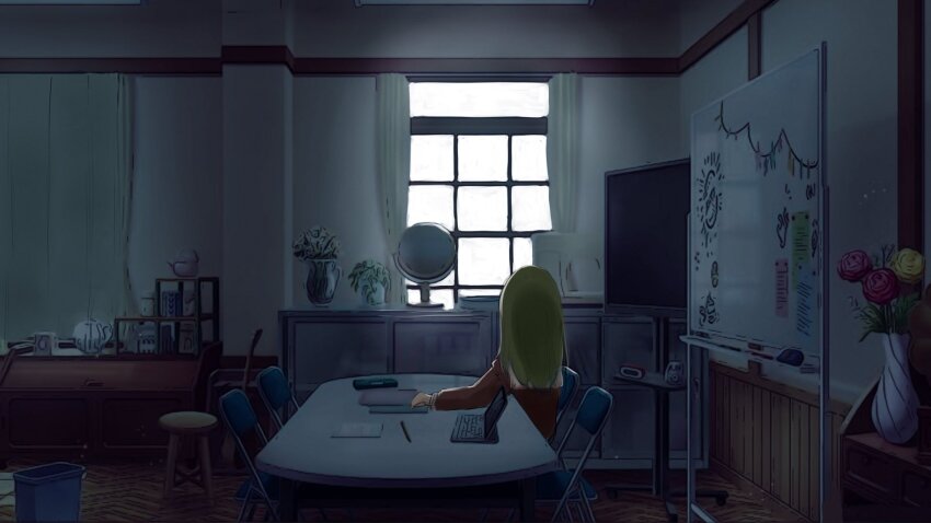 1girl brown_dress chair clubroom commentary_request dress facing_away folding_chair game_screenshot_background hasu_no_sora_school_uniform highres in-universe_location link!_like!_love_live! long_sleeves love_live! ogami_sachi on_chair sailor_collar sailor_dress school_uniform screenshot_background sitting solo stool syoma_(1026syoma) tablet_pc television white_sailor_collar whiteboard window