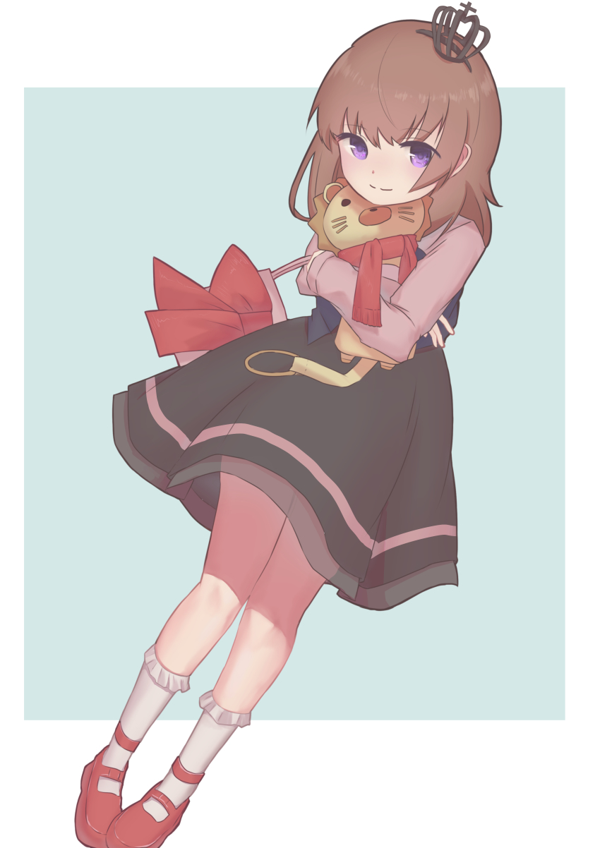 absurdres black_skirt brown_hair closed_mouth crown_hair_ornament highres holding holding_stuffed_toy long_sleeves mary_janes medium_hair minakamimura pink_bag purple_eyes red_ribbon red_scarf red_shoes ribbon sakutarou_(umineko) scarf shoes skirt smile socks stuffed_animal stuffed_lion stuffed_toy umineko_no_naku_koro_ni ushiromiya_maria white_socks