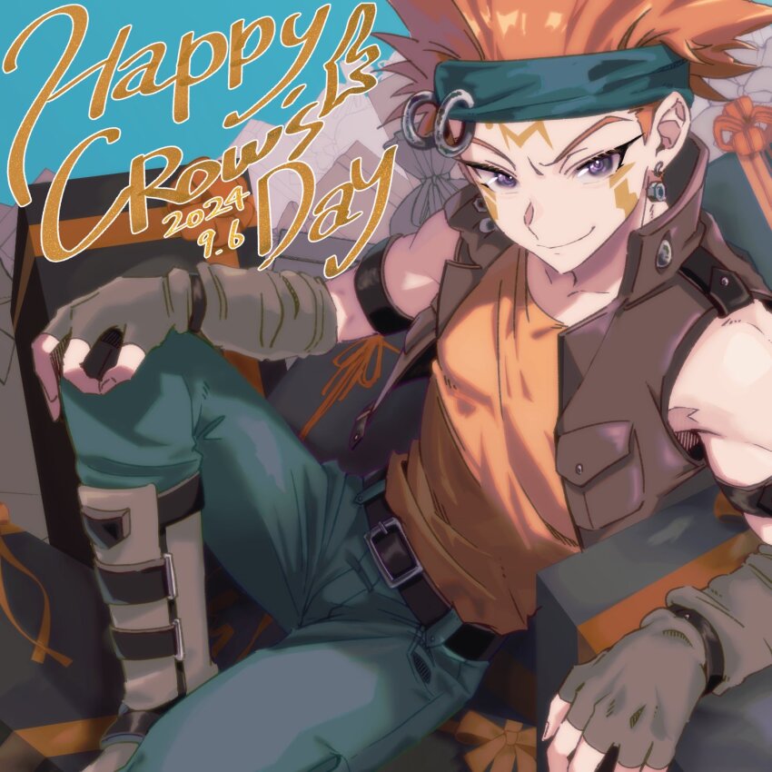 1boy bare_shoulders brown_vest character_name commentary crow_hogan dated earrings facial_mark green_headband green_pants happy_birthday headband highres jewelry looking_at_viewer male_focus nashi_kashi open_clothes open_vest orange_hair orange_shirt pants shirt smirk symbol-only_commentary vest yu-gi-oh! yu-gi-oh!_5d&#039;s
