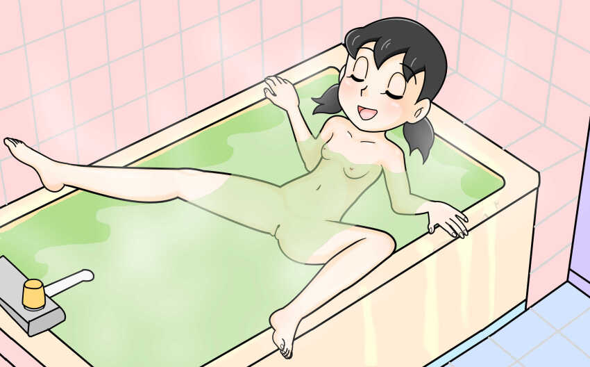 1girl barefoot black_hair breasts doraemon loli minamoto_shizuka nipples nude pussy small_breasts solo twintails yoshimi