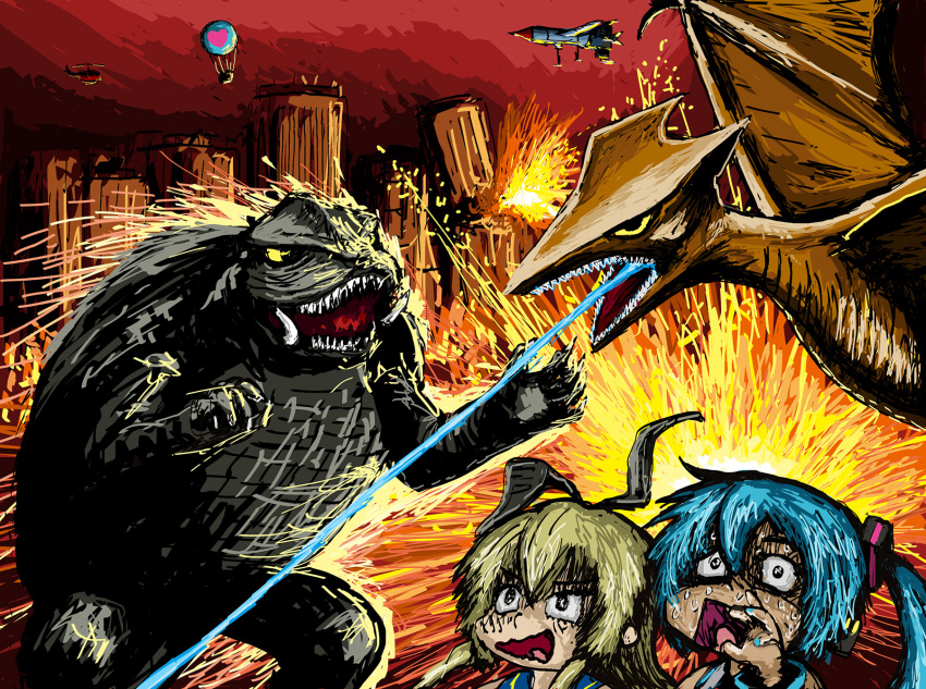 2girls aircraft blonde_hair blue_hair breath_weapon building city claws company_connection crosover crossover daiei_motion_picture destruction energy energy_beam explosion fire gamera gamera_(series) gamera_vs._gyaos giant giant_monster gyaos hatsune_miku helicopter highres hot_air_balloon kadokawa kaiju kantai_collection laser monster mouth_beam multiple_crossover multiple_girls night open_mouth panicking rocket rxjx sharp_teeth shimakaze_(kancolle) skyscraper supersonic_scalpel sweat teeth tongue turtle tusks vocaloid yamaha yellow_eyes