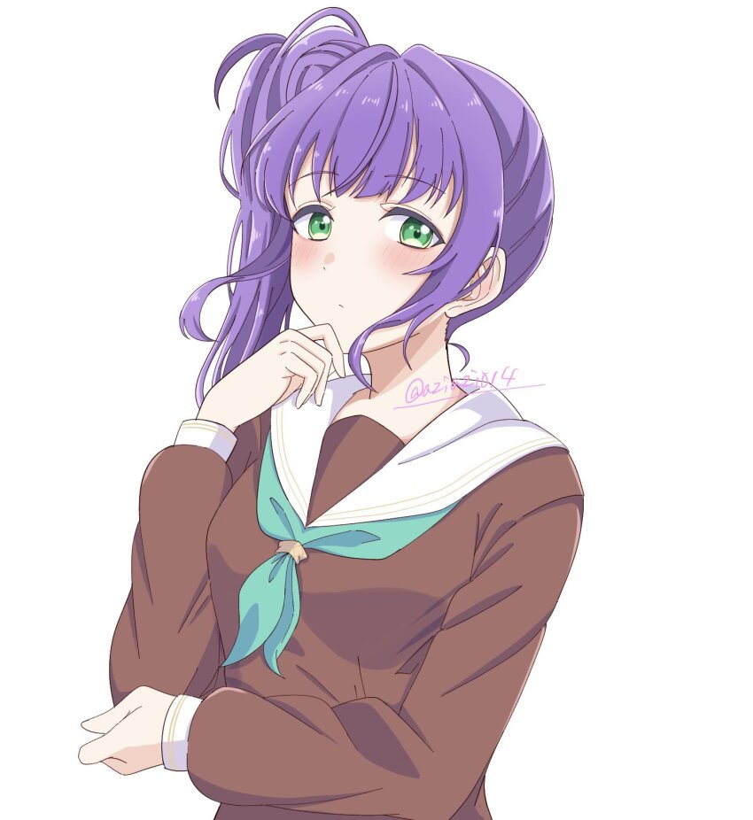 1girl aqua_neckerchief aziazi014 blush breasts brown_dress closed_mouth commentary dress green_eyes hair_bun hand_on_own_chin hand_on_own_elbow hasu_no_sora_school_uniform highres link!_like!_love_live! lone_nape_hair long_hair long_sleeves looking_at_viewer love_live! medium_breasts neckerchief otomune_kozue purple_hair sailor_collar sailor_dress school_uniform side_ponytail sidelocks simple_background single_side_bun solo thinking twitter_username upper_body virtual_youtuber white_background white_sailor_collar winter_uniform