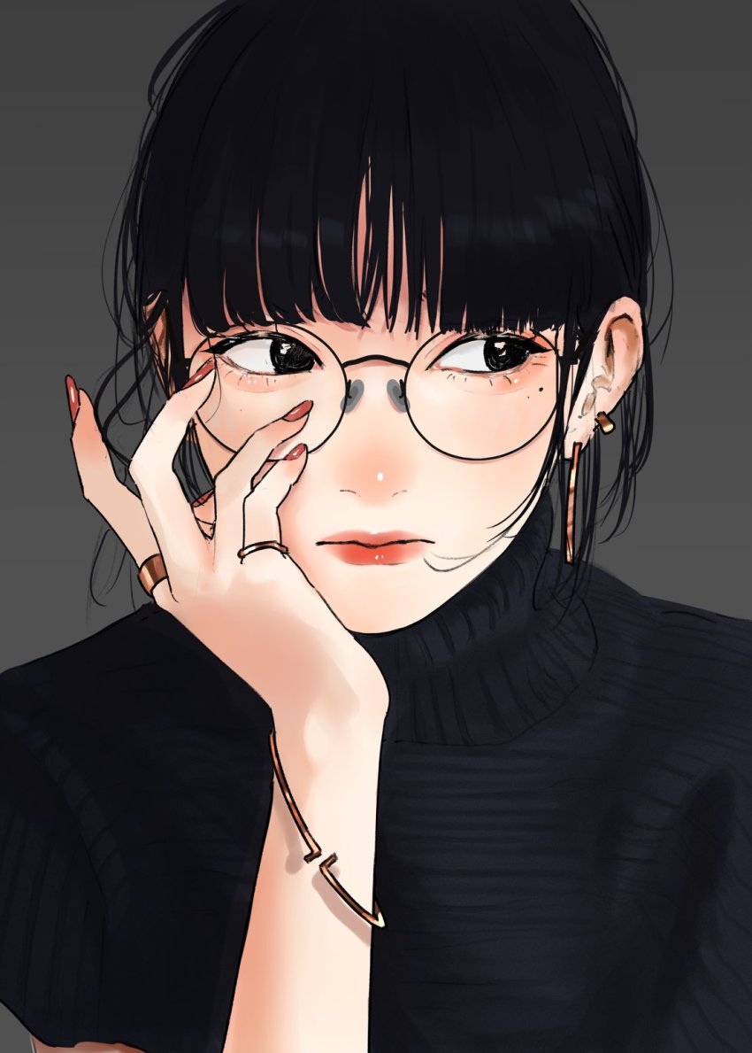 1girl black-framed_eyewear black_eyes black_hair black_sweater bracelet earrings glasses grey_background hand_up highres jewelry lips lipstick looking_to_the_side makeup mole mole_under_eye nail_polish original ring round_eyewear saitou_(lynx-shrike) short_hair simple_background solo sweater turtleneck turtleneck_sweater