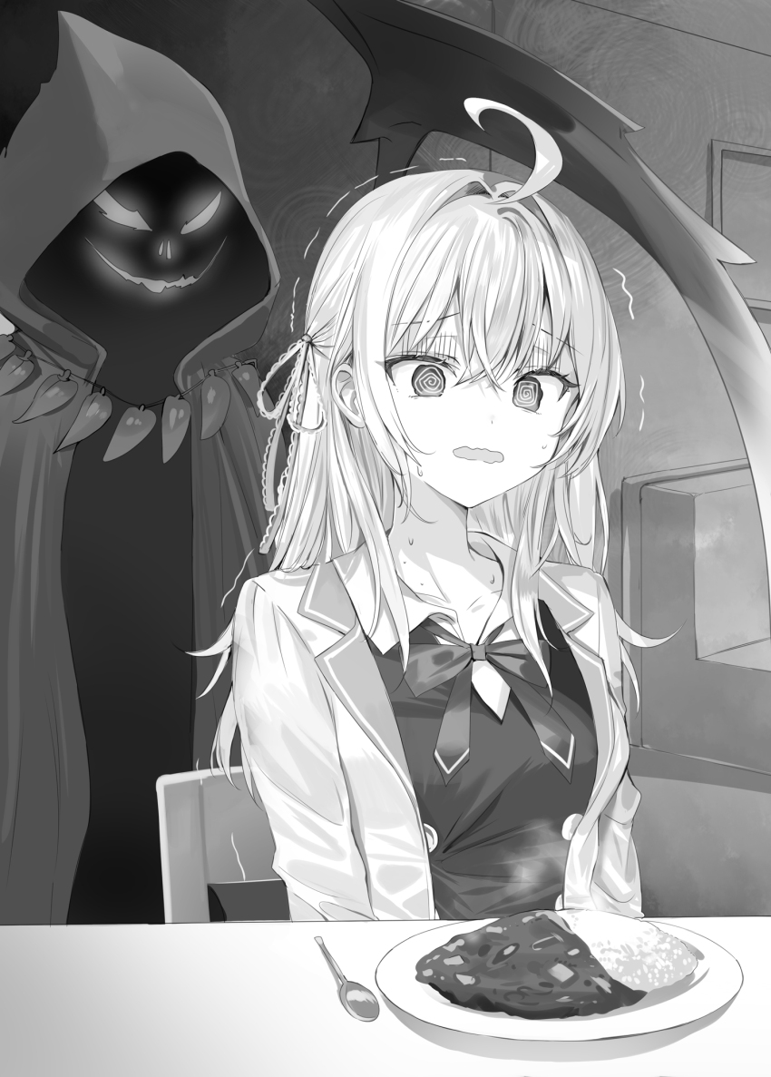 1girl @_@ ahoge alisa_mikhailovna_kujou blazer bow bowtie breasts buttons cloak collared_shirt commentary_request crossed_bangs curry curry_rice death_(entity) double-breasted evil_smile food greyscale grim_reaper hair_between_eyes hair_ribbon highres hood hooded_cloak indoors jacket lapels long_hair momoko_(momopoco) monochrome notched_lapels novel_illustration official_art on_chair open_clothes open_jacket open_mouth ribbon rice scared school_uniform scythe second-party_source seiren_academy_school_uniform shirt sitting smile solo spoon sweat tokidoki_bosotto_roshia-go_de_dereru_tonari_no_alya-san trembling wavy_mouth wing_collar