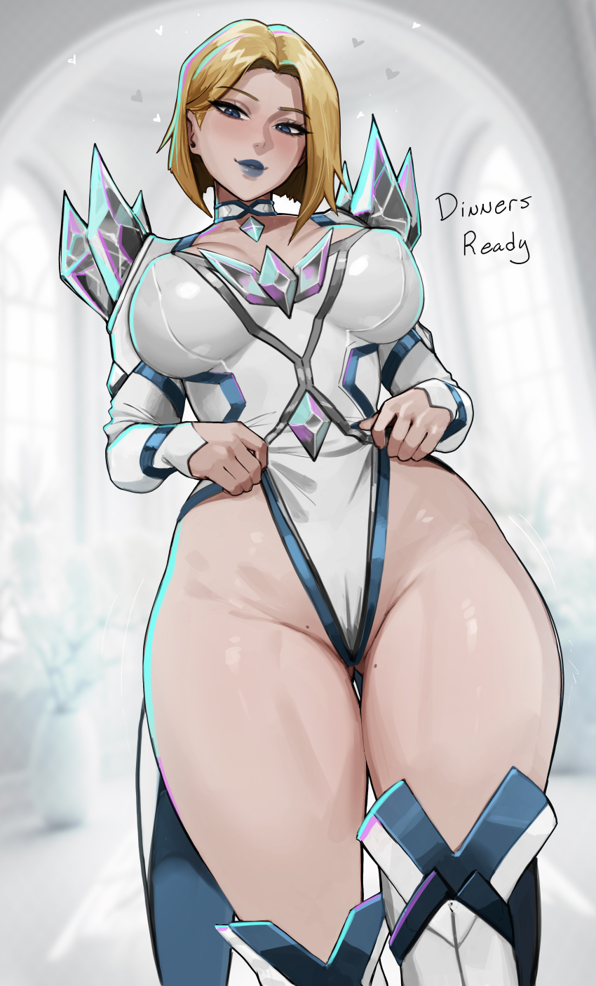 1girl absurdres aelion_draws blonde_hair blue_eyes blue_lips breasts choker come_hither curvy emma_frost english_text gluteal_fold heart highres large_breasts leotard lipstick long_sleeves looking_at_viewer makeup marvel marvel_rivals mole mole_on_groin mole_on_thigh partially_visible_vulva short_hair smile solo thick_thighs thigh_gap thighs wide_hips x-men