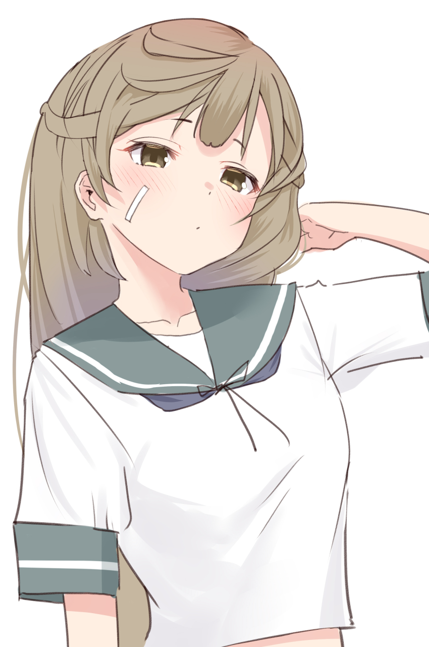 1girl absurdres alternate_sleeve_length bandaid bandaid_on_face blue_neckerchief blue_sailor_collar brown_eyes brown_hair commentary_request highres kantai_collection long_hair neckerchief oboro_(kancolle) sailor_collar sailor_shirt sakurai_nana_(moshichi) school_uniform serafuku shirt simple_background solo upper_body white_background white_shirt