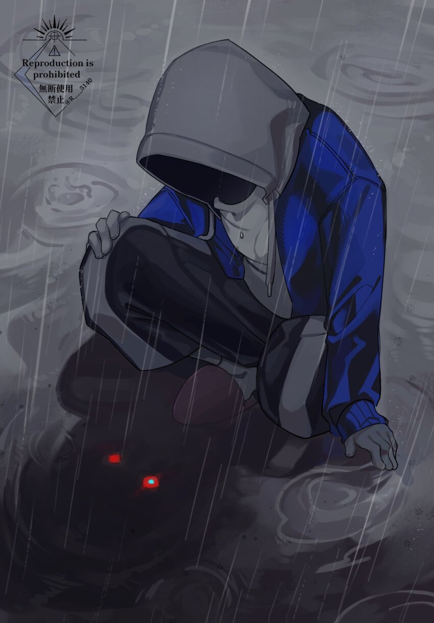 1boy alternate_universe ankle_socks arm_up black_pants blue_jacket commentary_request drawstring dusttale facing_down from_above full_body gloves grey_background grey_hood hand_on_own_knee highres hood hood_up hooded_jacket hunched_over jacket knee_up male_focus on_one_knee open_clothes open_jacket outdoors pants pink_slippers r_5140 rain sans_(undertale) shadow shirt simple_background single_vertical_stripe slippers socks solo undertale utdr_(toby_fox) watermark white_gloves white_shirt white_socks