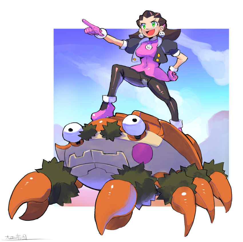 1girl :d black_pantyhose boots brown_hair crab crotch_plate day dress earrings full_body gloves green_eyes hairband highres jewelry klawf leotard leotard_under_clothes looking_afar mega_man_(series) mega_man_legends_(series) nintendo oomasa_teikoku open_mouth outdoors pantyhose photoshop_(medium) pink_boots pink_dress pink_gloves pink_hairband pointing pokemon pokemon_(creature) skin_tight smile tron_bonne_(mega_man)