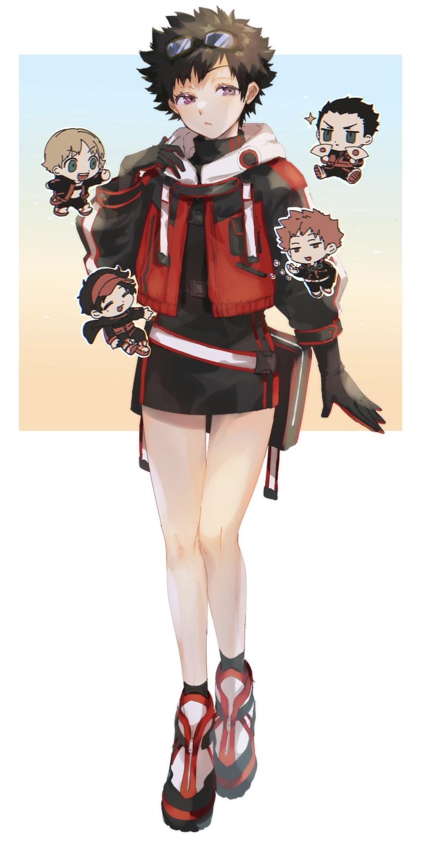 1girl 4boys :&lt; ^_^ absurdres adapted_costume arm_at_side black_gloves black_hair black_jacket black_skirt black_socks brown_hair chibi closed_eyes closed_mouth folding_fan full_body gloves goggles goggles_on_head gradient_background hand_fan hand_up highres holding holding_fan hood hood_down hooded_jacket hosoi_maori ikoma_tatsuhito jacket kuzumiya_yuyu light_brown_hair long_sleeves looking_at_viewer minamisawa_kai miniskirt mizukami_satoshi_(world_trigger) multicolored_jacket multiple_boys oki_kouji outline pencil_skirt purple_eyes red_hair red_jacket shoes short_hair skirt skirt_set socks solo_focus turtleneck two-tone_jacket white_background white_outline world_trigger