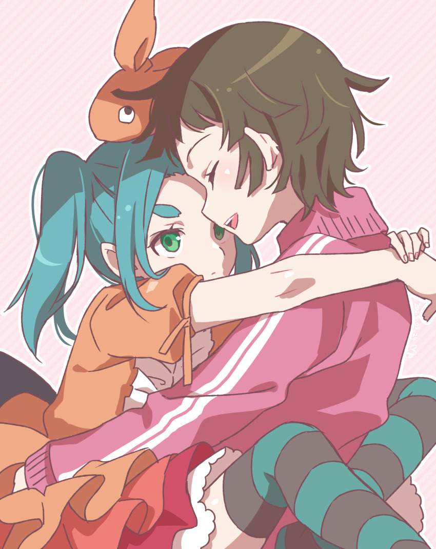 2girls absurdres aqua_hair brown_hair choppy_bangs closed_eyes closed_mouth commentary_request dress expressionless facing_another from_side googly_eyes green_eyes highres hug jacket leg_lock long_hair long_sleeves looking_at_another manimani_(mani_ma) monogatari_(series) multiple_girls nademonogatari ononoki_yotsugi open_mouth orange_dress pink_background pink_jacket present_nadeko profile sengoku_nadeko short_hair short_sleeves sitting smile striped_clothes striped_thighhighs thick_eyebrows thighhighs track_jacket twintails