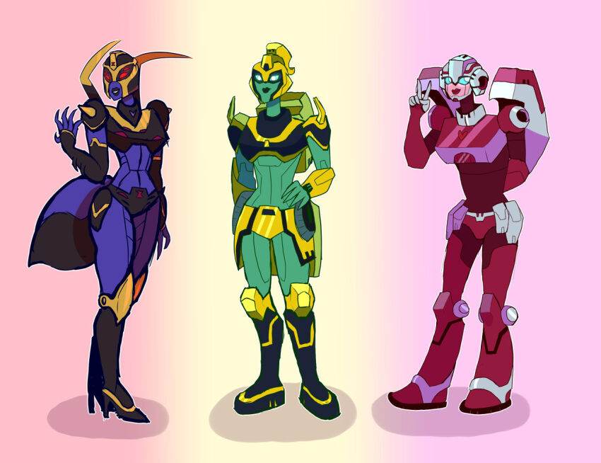3girls arcee armor black_lips black_panties blackarachnia blue_eyes boots colored_skin elita_one fingernails green_skin hand_on_own_hip high_heels humanoid_robot multiple_girls panties pink_lips pink_panties purple_skin rainbowpaw2015 red_eyes robot sharp_fingernails thighs transformers transformers_animated underwear v yellow_panties