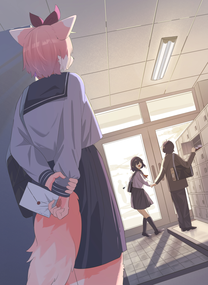 1boy 2girls :d absurdres animal_ears arms_behind_back backlighting bag black_hair black_jacket black_pants black_shoes body_fur bow ceiling ceiling_light door faceless faceless_female fox_ears fox_girl fox_tail furry furry_female hair_bow highres holding holding_hands holding_letter holding_own_wrist indoors jacket letter locker long_sleeves mametunu multiple_girls open_mouth original pants pink_fur pink_hair purple_bow school_bag school_uniform serafuku shirt shoes skirt smile socks tail tile_floor tiles valentine white_shirt