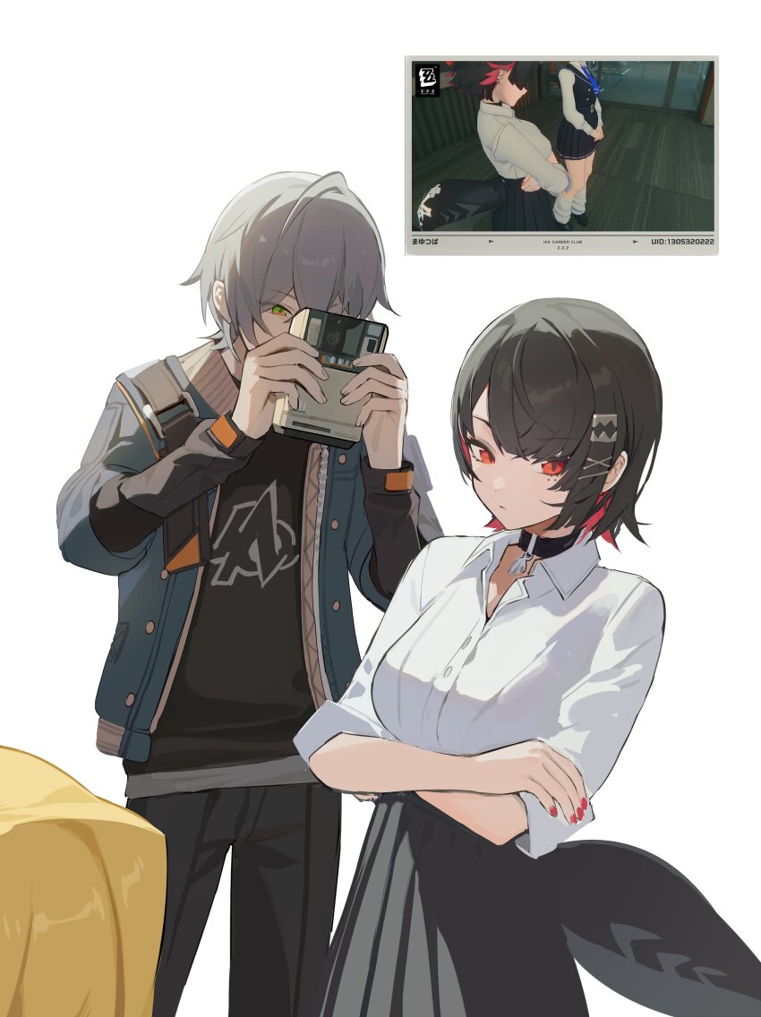1boy 2girls absurdres black_hair character_request colored_inner_hair ellen_joe fins fish_tail grey_hair highres mayutsuba_mono mole mole_under_eye multicolored_hair multiple_girls nail_polish official_alternate_costume red_nails school_uniform shark_girl shark_tail simple_background tail white_background wise_(zenless_zone_zero) zenless_zone_zero
