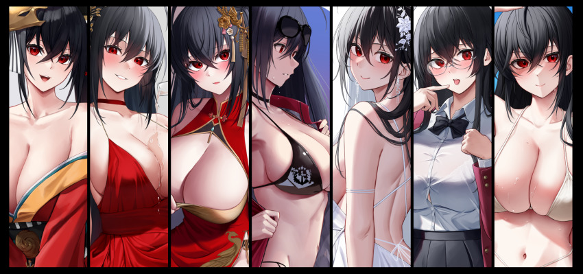 1girl absurdly_long_hair ahoge arm_support arm_up azur_lane back bare_arms bare_shoulders bespectacled bikini black_bikini black_bow black_bowtie black_hair black_pantyhose black_skirt black_thighhighs blue_sky blurry blurry_background blush bow bowtie bra_visible_through_clothes breasts button_gap china_dress chinese_clothes choker cleavage cleavage_cutout closed_mouth clothes_pull clothing_cutout cloud cloudy_sky collarbone collared_shirt commentary_request crossed_bangs cup day dress dress_pull drinking_glass eyewear_on_head from_behind glasses grey_background hair_between_eyes hair_intakes hair_ornament highres holding holding_cup huge_breasts jacket japanese_clothes kimono large_breasts long_hair long_sleeves looking_ahead looking_at_viewer mask mask_on_head median_furrow navel off_shoulder official_alternate_costume official_alternate_hairstyle one_side_up open_clothes open_jacket open_mouth outdoors pantyhose pulling_own_clothes red_choker red_dress red_eyes red_jacket red_kimono round_eyewear semi-rimless_eyewear shirt side_slit sideboob simple_background sitting skindentation skirt skirt_hold sky sleeveless sleeveless_dress smile spilling stomach sunglasses swimsuit taihou_(azur_lane) taihou_(enraptured_companion)_(azur_lane) taihou_(forbidden_fruit)_(azur_lane) taihou_(phoenix&#039;s_spring_song)_(azur_lane) taihou_(sweet_time_after_school)_(azur_lane) taihou_(temptation_on_the_sea_breeze)_(azur_lane) thigh_strap thighhighs thighs tongue tongue_out very_long_hair white_background white_bikini white_dress white_shirt yorugami_rei