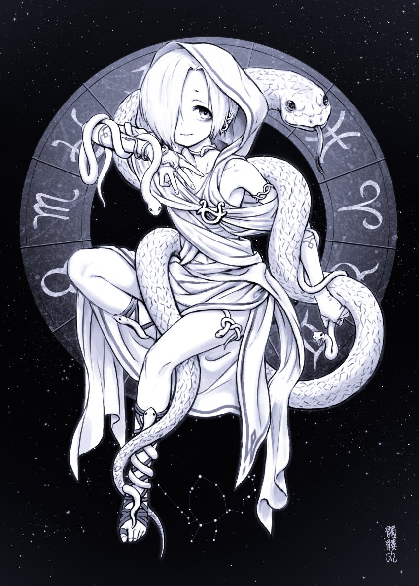 1girl absurdres animal aries_(symbol) armlet bridal_gauntlets chinese_zodiac commentary_request constellation diffraction_spikes dokuromaru flat_chest full_body gemini_(symbol) gladiator_sandals greyscale hair_ornament hair_over_one_eye hand_up highres holding holding_animal hood hood_up idolmaster idolmaster_cinderella_girls jewelry libra_(symbol) looking_at_viewer monochrome ophiuchus_(constellation) ophiuchus_(zodiac) personification pisces_(symbol) robe sagittarius_(symbol) sandals scorpio_(symbol) serpens_(constellation) shirasaka_koume sky smile snake snake_hair_ornament snake_wrapped_around_body solo star_(sky) starry_sky tareme taurus_(symbol) year_of_the_snake zodiac zodiac_wheel