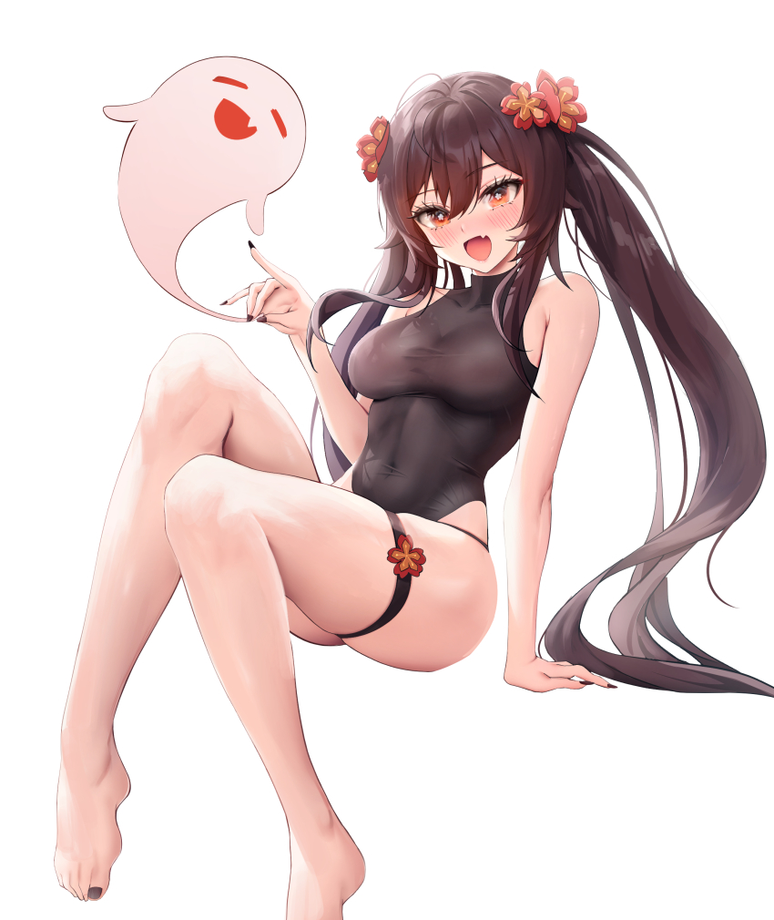 1girl absurdres bare_shoulders black_one-piece_swimsuit blush boo_tao_(genshin_impact) breasts brown_hair genshin_impact ghost highleg highleg_one-piece_swimsuit highres hu_tao_(genshin_impact) long_hair looking_at_viewer medium_breasts one-piece_swimsuit open_mouth rable red_eyes smile swimsuit symbol-shaped_pupils twintails very_long_hair