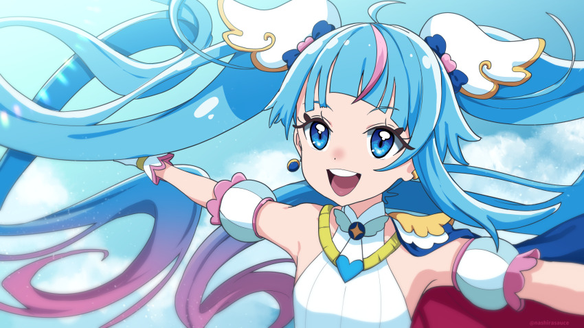 1girl :d ahoge arm_out_of_frame armpits blue_cape blue_eyes blue_hair blue_sky brooch cape cloud cloudy_sky commentary cure_sky cut_bangs day detached_sleeves dress earclip earrings floating_hair gloves gradient_hair hair_ornament highres hirogaru_sky!_precure jewelry light_particles long_hair looking_at_viewer magical_girl multicolored_hair nashirasauce open_mouth outdoors outstretched_arms pink_hair precure puffy_detached_sleeves puffy_sleeves red_cape single_earring single_sidelock sky sleeveless sleeveless_dress smile solo sora_harewataru sphere_earrings spread_arms streaked_hair teeth twintails two-sided_cape two-sided_fabric two-tone_hair upper_body upper_teeth_only very_long_hair white_dress white_gloves wing_brooch wing_hair_ornament