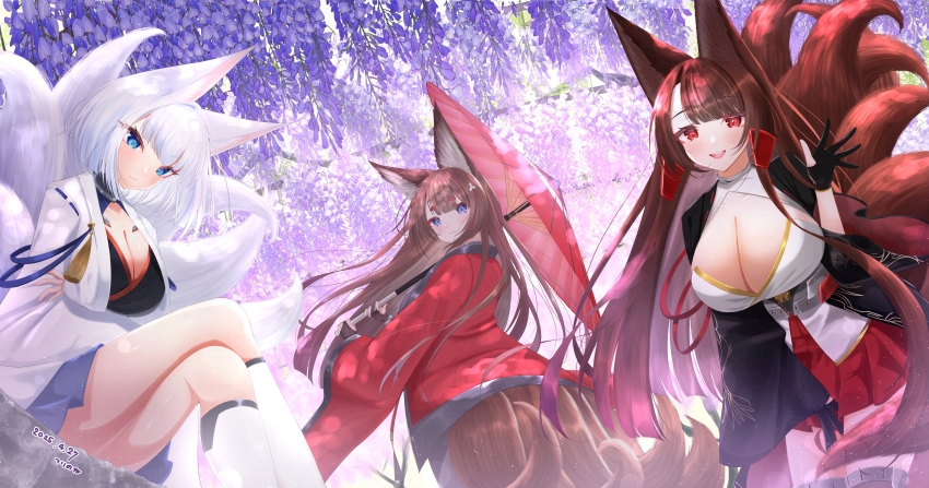 3girls :d absurdres akagi_(azur_lane) amagi_(azur_lane) animal_ears azur_lane between_legs black_gloves black_kimono blue_eyes blue_skirt blush breasts brown_hair cleavage crossed_arms crossed_legs eyeshadow fox_ears fox_girl fox_tail gloves hair_ornament hairclip hand_between_legs hand_up happy highres japanese_clothes kaga_(azur_lane) kimono kitsune kneehighs large_breasts leaning_forward long_hair makeup medium_hair miniskirt multiple_girls multiple_tails open_mouth orange_eyes outdoors pleated_skirt purple_eyes red_eyes red_eyeshadow red_kimono red_skirt sakura_empire_(emblem) sitting skirt smile socks tail teeth tsuri_pi upper_teeth_only very_long_hair waving white_hair white_kimono