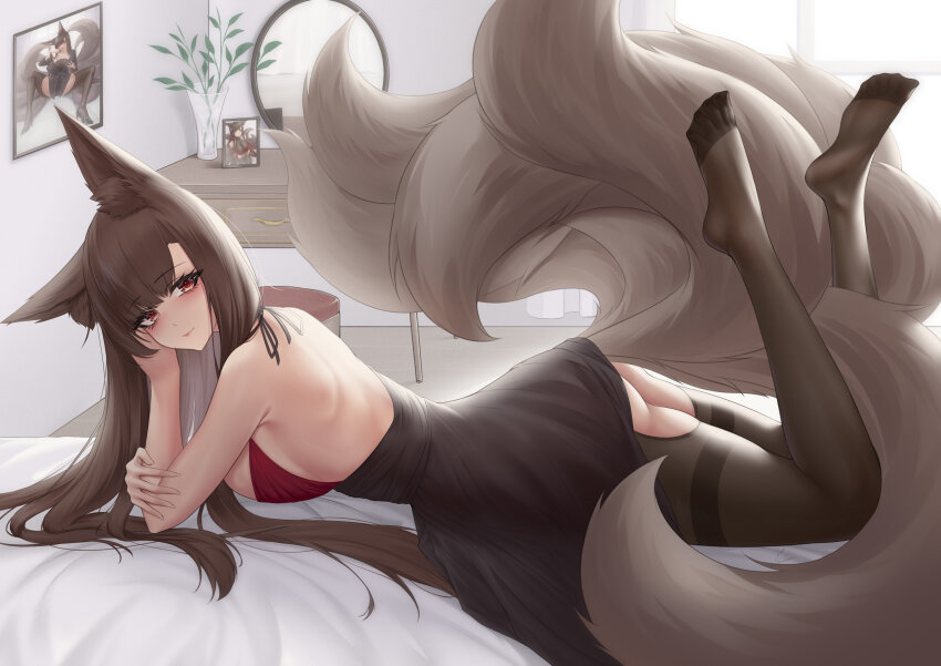 1girl absurdres akagi_(azur_lane) animal_ears artist_self-reference ass ass_cutout azur_lane backless_dress backless_outfit bare_shoulders breasts brown_hair brown_pantyhose brown_tail clothing_cutout commentary_request dress fox_ears fox_tail from_side full_body highres ichikushi_mojibake indoors kitsune large_breasts long_hair looking_at_viewer looking_to_the_side lying multiple_tails on_stomach pantyhose red_eyes solo tail the_pose thighband_pantyhose variant_set very_long_hair