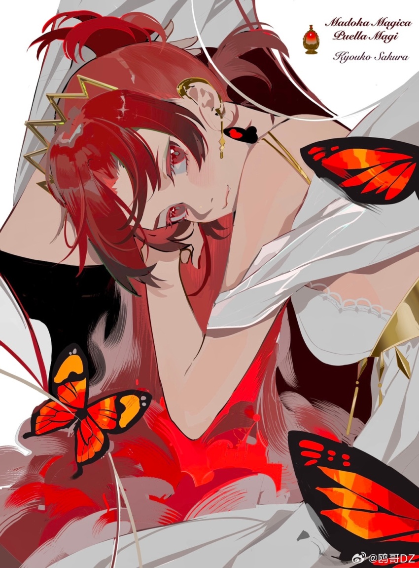 1girl alternate_costume breasts bug butterfly character_name chinese_commentary closed_mouth colored_eyelashes commentary_request copyright_name detached_sleeves dress earrings fashion floating_earrings gold_belt gold_earrings gold_headdress hair_half_undone hand_on_own_head highres insect jewelry lace lace-trimmed_dress lace_trim light_blush light_smile long_dress long_hair looking_at_viewer mahou_shoujo_madoka_magica mahou_shoujo_madoka_magica_(anime) medium_breasts orange_butterfly ouge_dz red_eyes red_hair sakura_kyoko short_sleeves sideboob solo soul_gem tiara untying_hair upper_body watermark wavy_mouth weibo_watermark white_background white_dress white_sleeves wide_sleeves