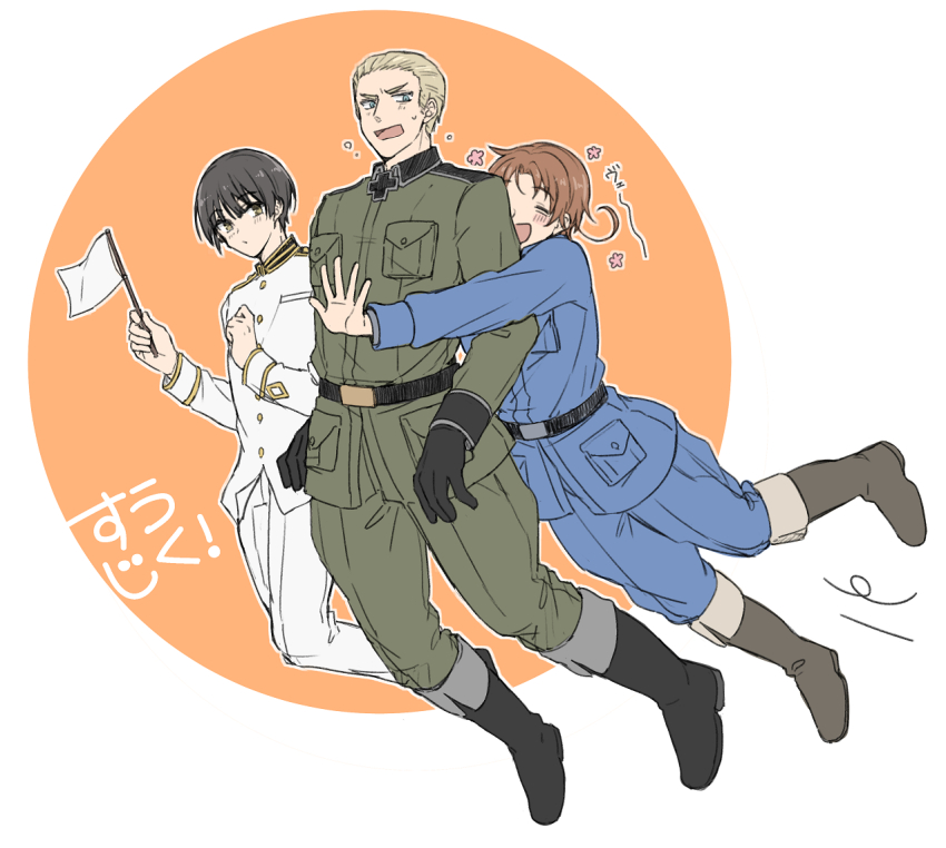 3boys ahoge axis_powers_hetalia belt black_belt black_boots black_gloves black_hair blonde_hair blue_eyes blue_jacket blue_pants blush boots border breast_pocket brown_eyes brown_hair buttons closed_eyes closed_mouth collared_jacket commentary_request cross flag flower full_body germany_(hetalia) gloves green_jacket green_pants grey_boots holding holding_flag iron_cross jacket japan_(hetalia) lapels long_sleeves looking_at_another male_focus military_jacket military_uniform multiple_boys nbsr northern_italy_(hetalia) open_mouth orange_background outside_border pants pink_flower pocket short_hair simple_background smile sweatdrop v-shaped_eyebrows white_border white_flag white_jacket white_pants