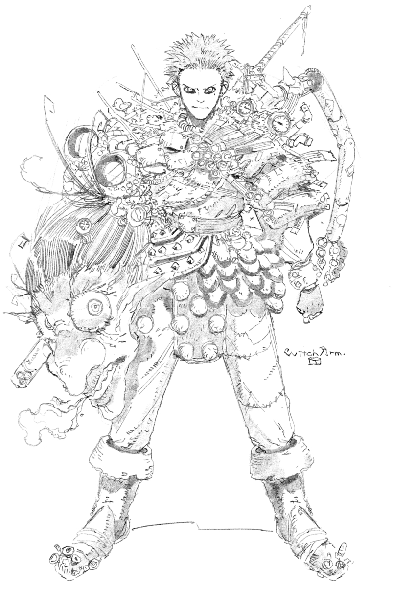 1boy closed_mouth commentary earrings full_body greyscale head_lopper highres jewelry looking_at_viewer male_focus mole mole_under_eye monochrome short_hair simple_background sketch solo spiked_hair sword sword_on_back weapon weapon_on_back white_background yamaji_arata