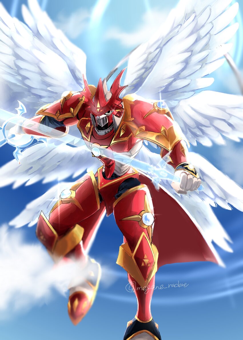 absurdres armor digimon digimon_(creature) dual_wielding dukemon dukemon_crimson_mode extra_ears feathered_wings feathers full_body highres holding holding_sword holding_weapon knight megane_mochi midair red_armor signature solo sword twitter_username weapon white_feathers white_wings wings yellow_eyes