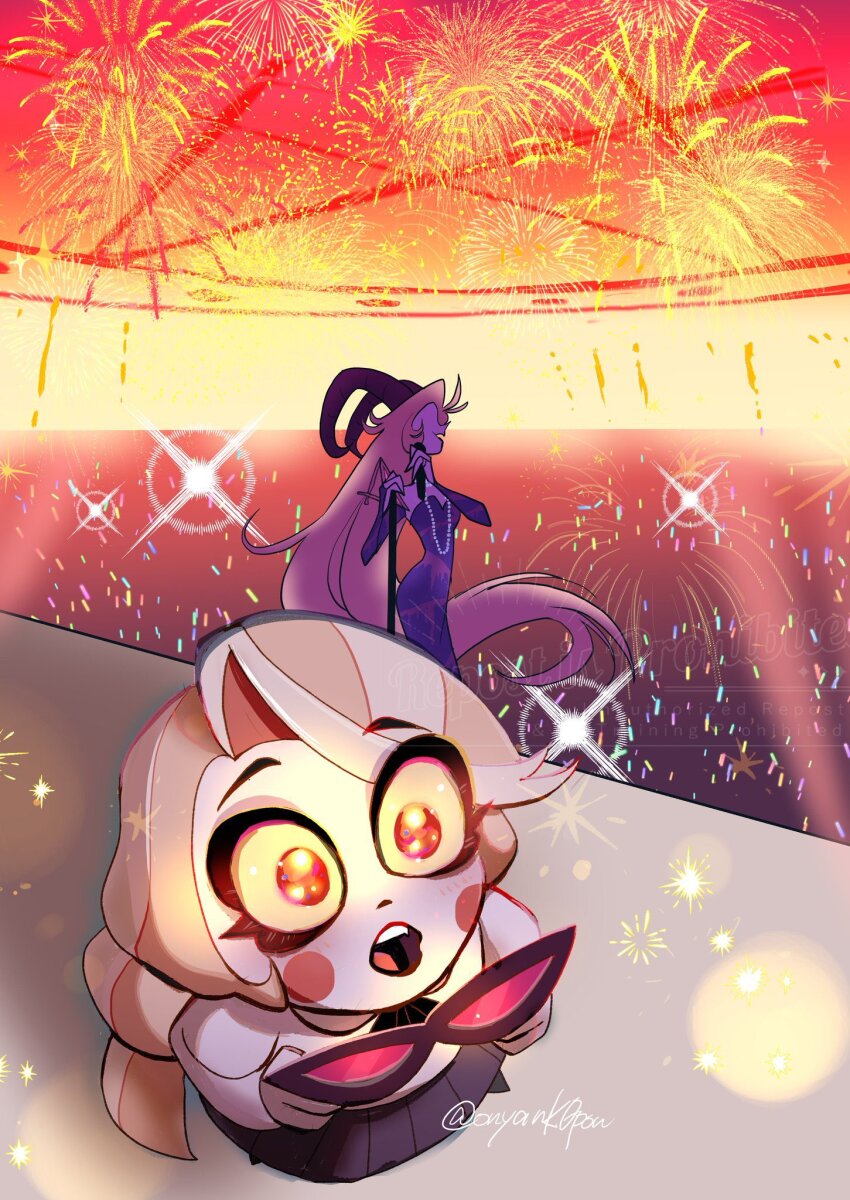 2girls blonde_hair blush_stickers charlie_morningstar demon_girl demon_horns dress fireworks hazbin_hotel highres horns kin_(58n58n58n) lilith_(hazbin_hotel) long_hair multiple_girls pentagram purple_dress red_eyes sparkle very_long_hair