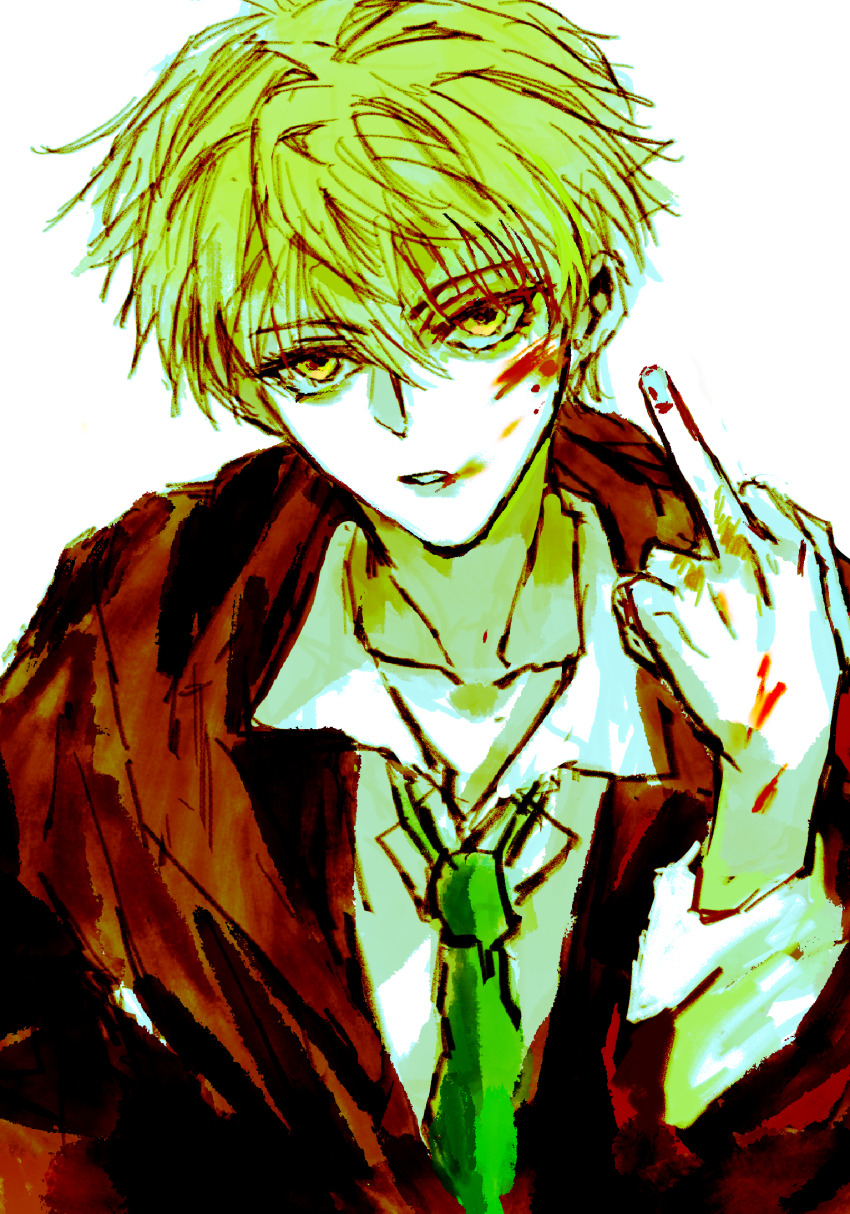 1boy alternate_costume black_coat blonde_hair blood blood_on_face blood_on_hands chinese_commentary coat collared_shirt driedpersimmonisverydelicious green_necktie green_theme highres hogwarts_school_uniform huang_shaotian limited_palette looking_at_viewer male_focus middle_finger necktie parted_lips quan_zhi_gao_shou school_uniform shirt short_hair simple_background slytherin solo upper_body white_background white_shirt yellow_eyes