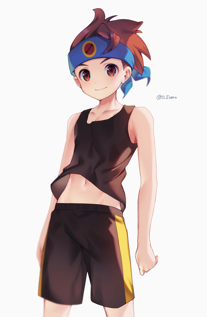 1boy black_shorts black_tank_top blue_headband brown_eyes brown_hair closed_mouth headband highres lan_hikari_(mega_man) looking_at_viewer male_focus mega_man_(series) mega_man_battle_network_(series) midriff_peek navel shorts simple_background solo tank_top twitter_username white_background zero-go