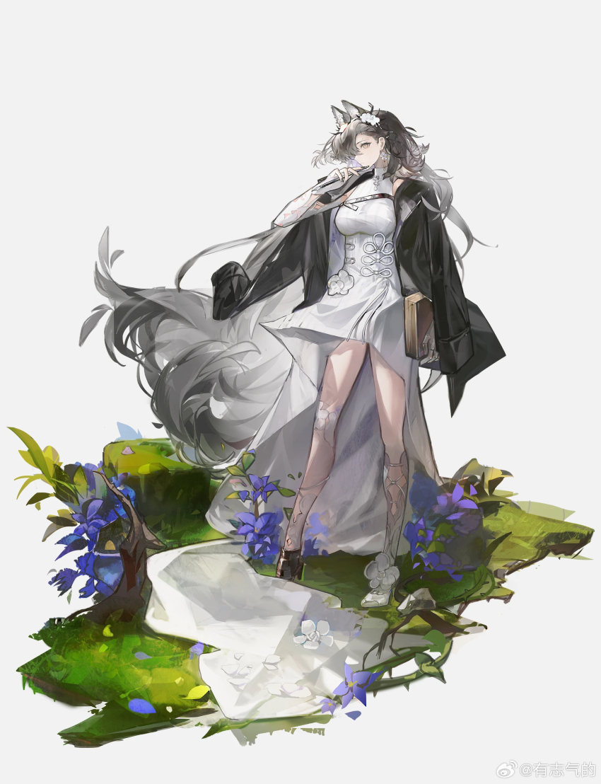 1girl absurdres animal_ear_fluff animal_ears arknights armor black_hair black_jacket book chinese_commentary commentary_request dress earrings fingerless_gloves flower flower_earrings full_body gauntlets gloves grey_background grey_hair hair_behind_ear highres holding holding_book jacket jacket_on_shoulders jewelry long_hair mole mole_above_eye nib_pen_(object) official_alternate_costume pen penance_(arknights) penance_(scribing)_(arknights) plant profile purple_flower simple_background single_gauntlet solo standing very_long_hair white_dress white_flower white_gloves yellow_eyes you_zhiqi_de