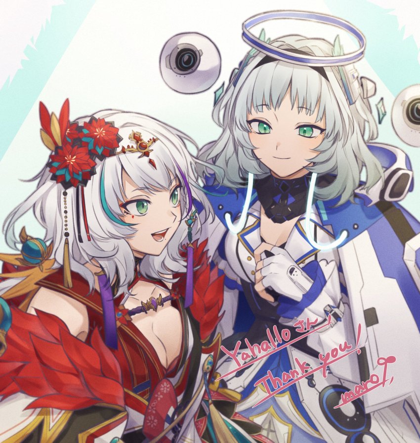 2girls black_corset black_hairband breasts cleavage commentary commission corset creator_connection english_commentary eyeshadow fingerless_gloves gloves green_eyes grey_hair hair_intakes hairband highres hood hooded_jacket indie_virtual_youtuber jacket kamishiro_rita makeup marotani medium_breasts multiple_girls off_shoulder open_mouth prism_project red_eyeshadow second-party_source shigoku_tobi skeb_commission smile virtual_youtuber white_gloves white_jacket