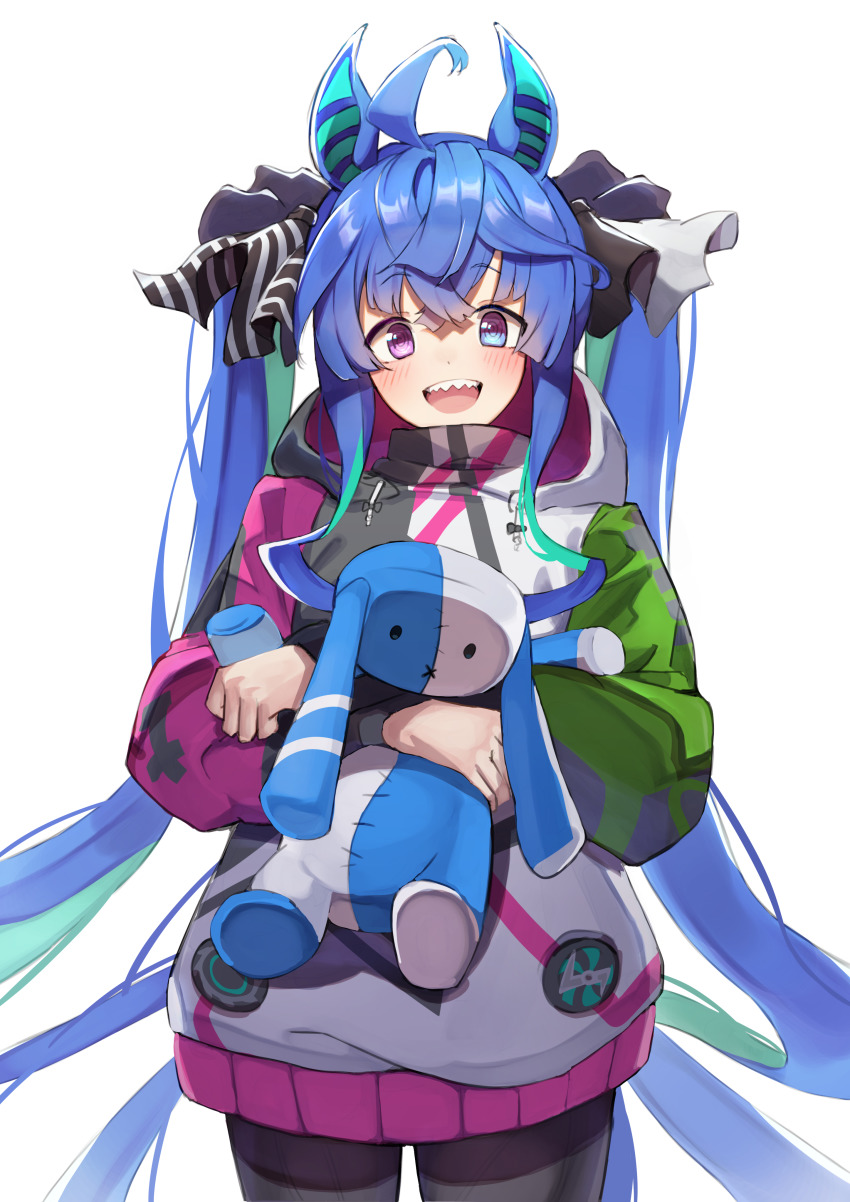 1girl absurdres ahoge animal_ears black_pantyhose blue_eyes blue_hair hair_between_eyes heterochromia highres holding holding_stuffed_toy hood hoodie horse_ears horse_girl long_hair long_sleeves open_mouth pantyhose purple_eyes sharp_teeth simple_background smile solo stuffed_animal stuffed_rabbit stuffed_toy teeth tsujiya_okuyasu twin_turbo_(umamusume) twintails umamusume upper_teeth_only very_long_hair white_background