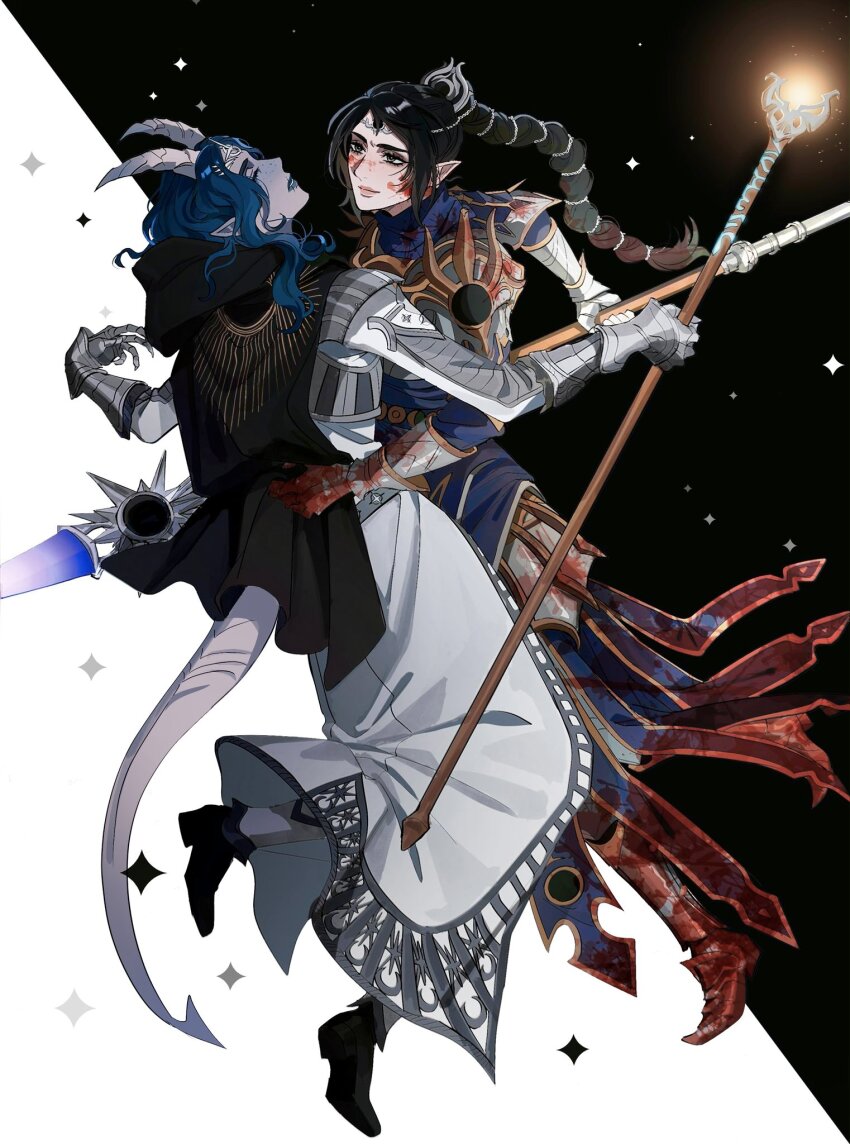 2girls armor armored_dress baldur&#039;s_gate baldur&#039;s_gate_3 black_hair blood blood_on_clothes blood_on_face blood_on_hands blue_hair cleric closed_eyes closed_mouth colored_skin commentary demon_girl demon_horns dress dungeons_&amp;_dragons elf english_commentary freckles gauntlets grey_skin highres holding holding_polearm holding_staff holding_weapon horns hug lips long_hair looking_at_another multiple_girls pink_lips pointy_ears polearm ponytail seirorath shadowheart_(baldur&#039;s_gate) smile spear staff tail tav_(baldur&#039;s_gate) tiefling wavy_hair weapon white_dress yuri