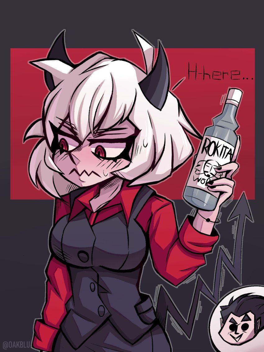 1boy 1girl @_@ ^^^ alcohol black_pantyhose black_skirt blush bottle breasts closed_mouth demon_girl demon_horns demon_tail embarrassed english_text helltaker helltaker_(character) highres holding holding_bottle horns large_breasts malina_(helltaker) oakblu pantyhose red_eyes short_hair silver_hair skirt sunglasses tail vest vodka waistcoat wine_bottle