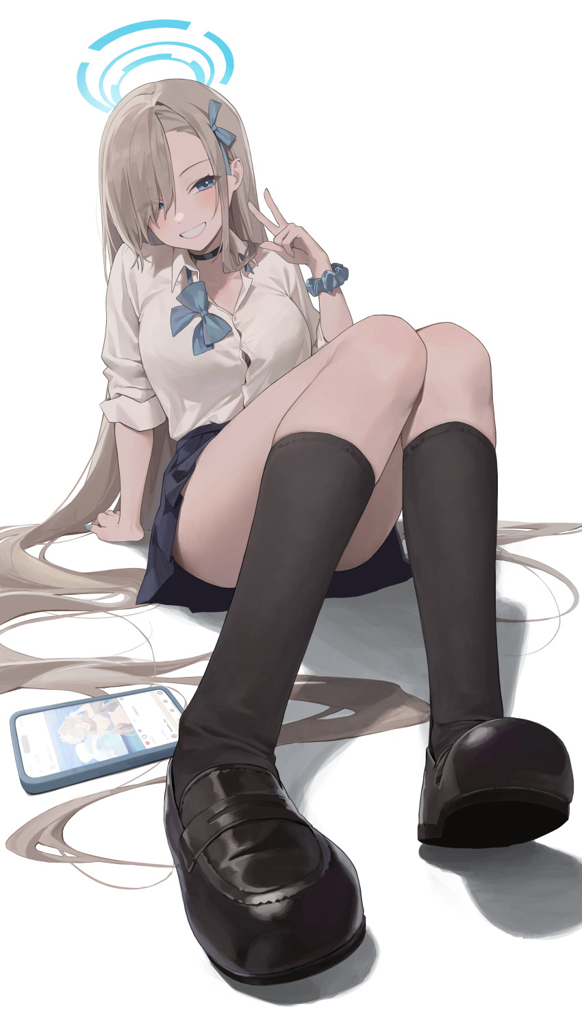 1girl absurdres asuna_(blue_archive) asuna_(school_uniform)_(blue_archive) asymmetrical_bangs black_shoes black_socks blonde_hair blue_archive blue_eyes bow bowtie breasts cellphone choker collarbone commentary_request foreshortening grin hair_over_one_eye halo highres irain_(_irain_) kneehighs korean_commentary large_breasts legs loafers long_hair loose_bowtie open_clothes open_shirt phone school_uniform scrunchie shirt shoes short_sleeves simple_background sitting smartphone smile socks solo v very_long_hair white_background white_shirt wrist_scrunchie wristband