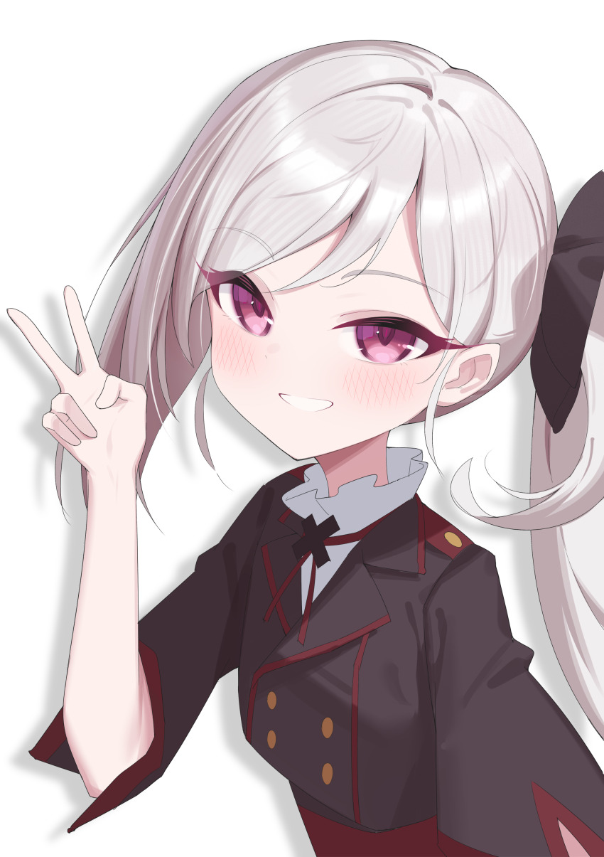 1girl absurdres black_jacket blue_archive cropped_jacket hair_ornament highres jacket jei_(user_tckk7448) looking_at_viewer mutsuki_(blue_archive) open_mouth red_eyes shadow simple_background solo teeth upper_body v white_background white_hair