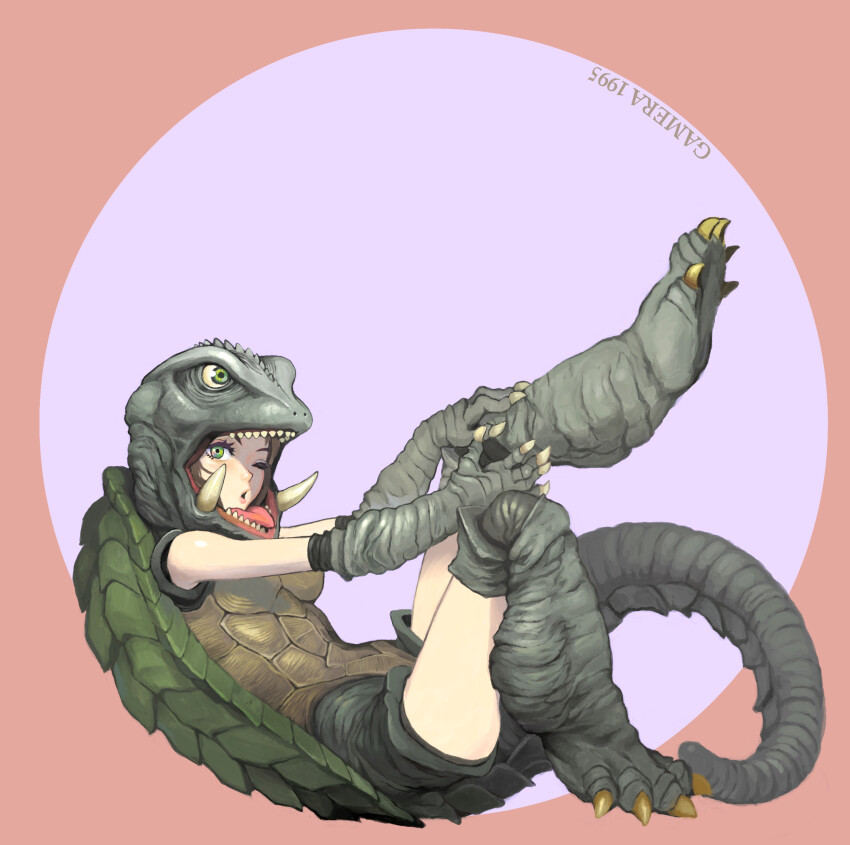 1girl brown_hair character_name clawed_feet claws commentary cosplay daiei_film detached_sleeves fangs gamera gamera:_guardian_of_the_universe gamera_(cosplay) gamera_(series) green_eyes hands_on_own_knee highres kaiju leg_up looking_at_viewer one_eye_closed open_mouth orange_background pink_background pose_request scales sharp_teeth solo tail teeth tongue turtle turtle_shell two-tone_background urasato