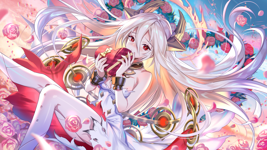 1girl alchemy_stars bed_of_roses blush box breasts bright_pupils burnt_clothes cleavage closed_mouth dress fire flower hair_between_eyes halo heart-shaped_box highres holding holding_box long_hair looking_at_viewer midori_foo nose_blush official_art outdoors petals red_eyes rose small_breasts solo strapless strapless_dress sunset torn_clothes torn_dress uriel_(alchemy_stars) valentine very_long_hair white_dress white_hair white_pupils window wreath wrist_cuffs