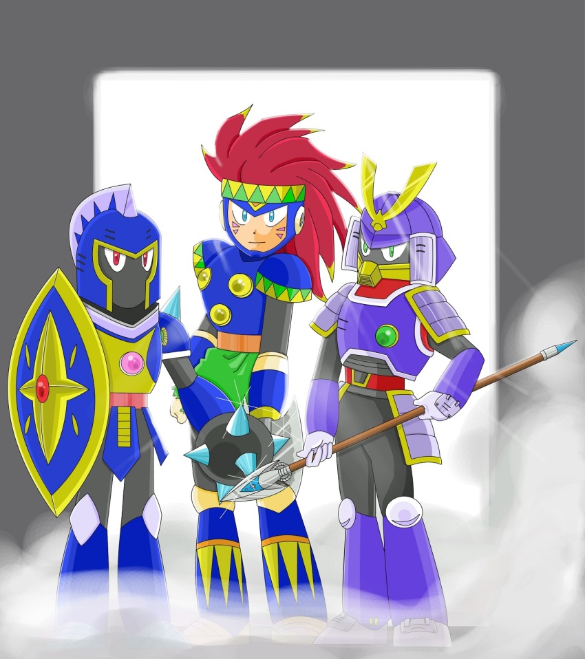 3boys axe blue_eyes full_body green_eyes helmet highres knight knight_man mace mega_man_(classic) mega_man_(series) mega_man_6 multiple_boys no_humans non-humanoid_robot polearm red_eyes red_hair robot robot_ears samurai shield spear standing tomahawk_man weapon yamato_man